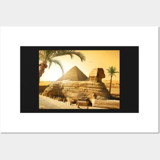 Sphinx and pyramid in Egyptian desert Posters and Art